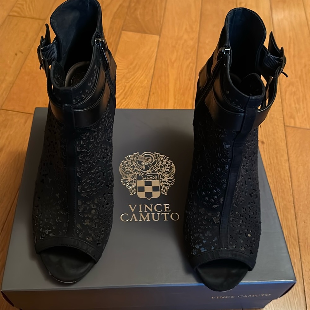 Vince Camuto open toe suede/leather booties.